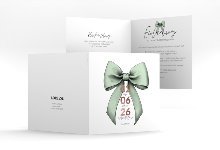Einladung 30. Geburtstag Geburtstagsschleife quadr. Klappkarte gruen rosegold