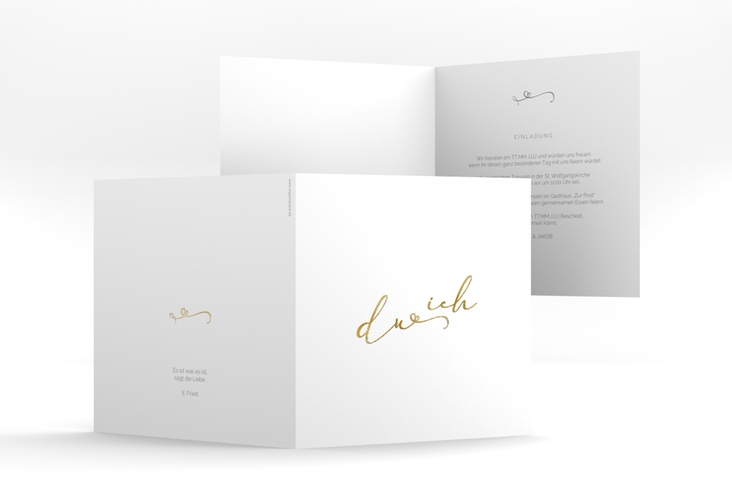 Hochzeitseinladung Zweisamkeit quadr. Klappkarte weiss gold im minimalistischen Stil mit Aufschrift du & ich