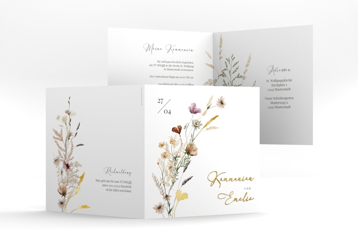 Kommunionseinladung Blumensegen quadr. Klappkarte weiss gold