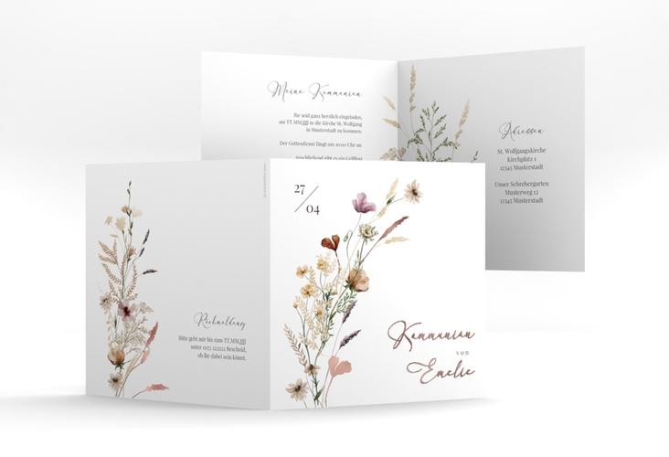 Kommunionseinladung Blumensegen quadr. Klappkarte weiss rosegold