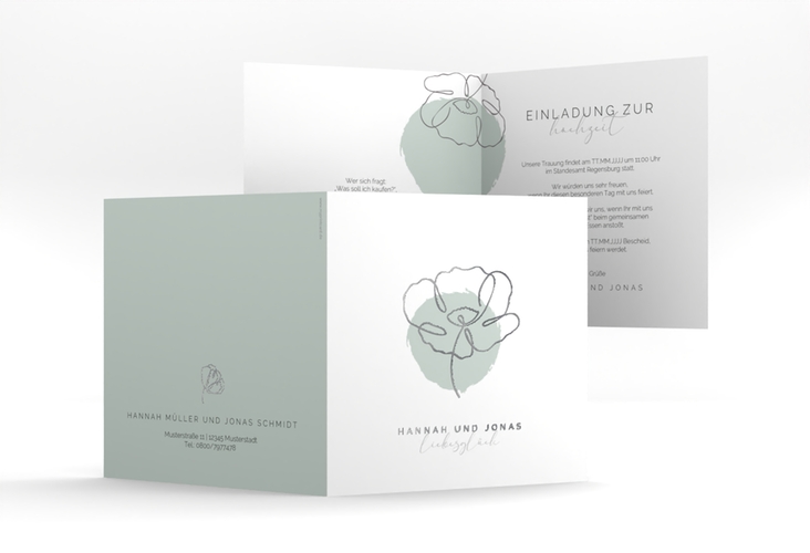 Hochzeitseinladung Flowerline quadr. Klappkarte gruen silber