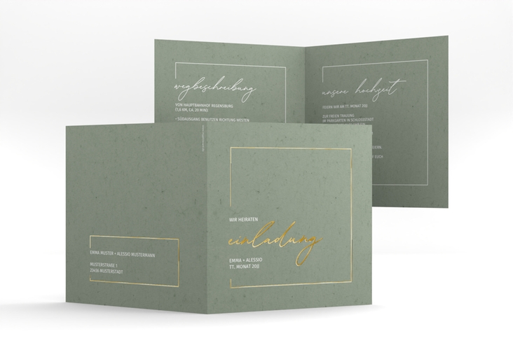 Hochzeitseinladung Simple Line quadr. Klappkarte gruen gold