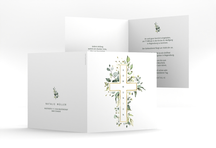 Kommunionseinladung Verdant quadr. Klappkarte weiss gold