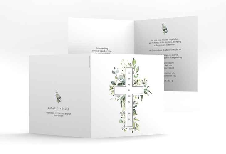 Kommunionseinladung Verdant quadr. Klappkarte weiss silber