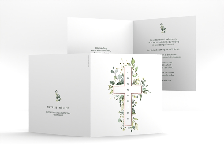 Kommunionseinladung Verdant quadr. Klappkarte weiss rosegold