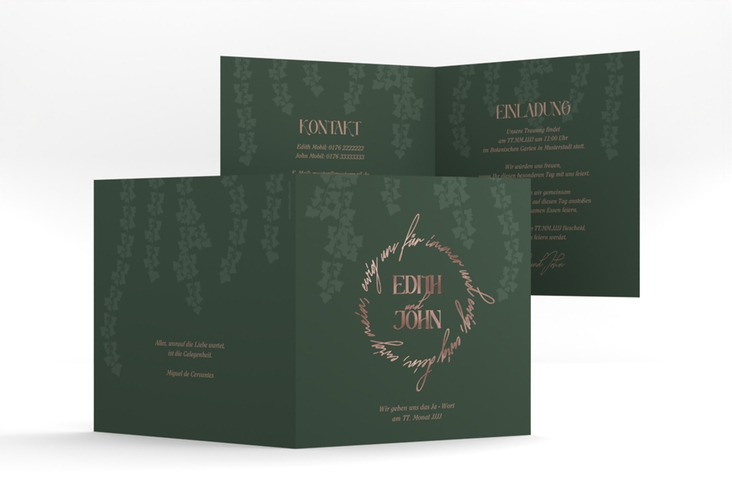 Hochzeitseinladung Efeugrün quadr. Klappkarte gruen rosegold im Fantasy-Elfen-Design mit Efeu