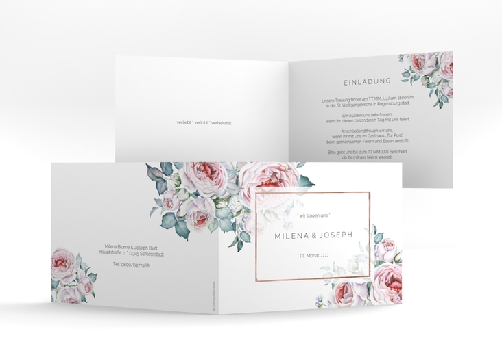 Hochzeitseinladung Embrace A6 Klappkarte quer weiss rosegold