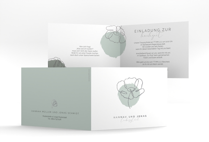 Hochzeitseinladung Flowerline A6 Klappkarte quer gruen silber