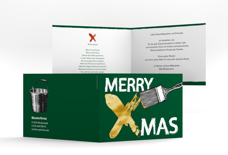 Geschäftliche Weihnachtskarte Pinsel A6 Klappkarte quer gruen gold