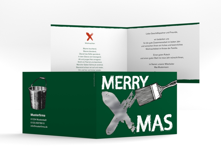 Geschäftliche Weihnachtskarte Pinsel A6 Klappkarte quer gruen silber