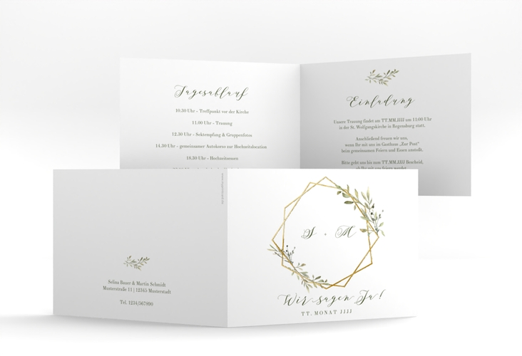 Hochzeitseinladung Acacia A6 Klappkarte quer weiss gold