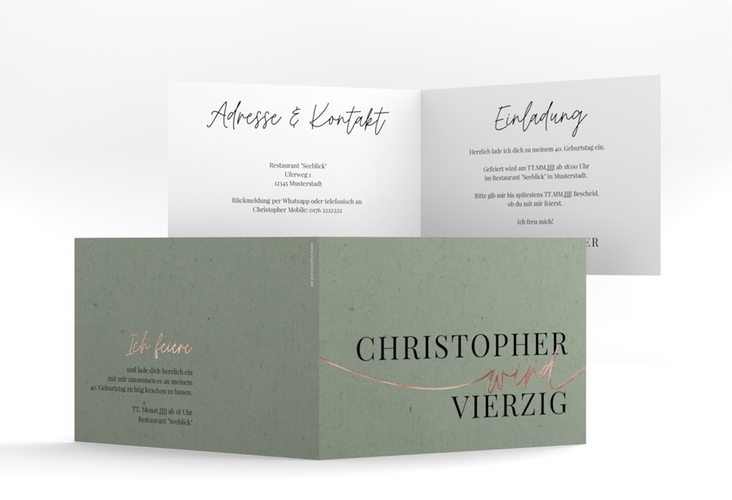 Einladung 40. Geburtstag Einfach A6 Klappkarte quer gruen rosegold