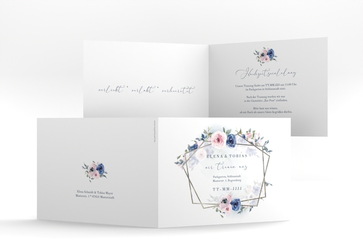 Hochzeitseinladung Dustyblue A6 Klappkarte quer weiss silber