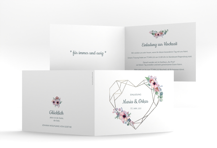 Hochzeitseinladung Herzgold A6 Klappkarte quer weiss silber