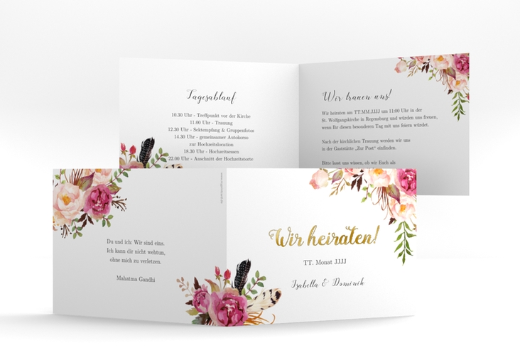 Hochzeitseinladung Flowers A6 Klappkarte quer weiss gold mit bunten Aquarell-Blumen