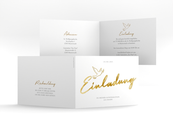 Konfirmationseinladung Edeltaube A6 Klappkarte quer weiss gold