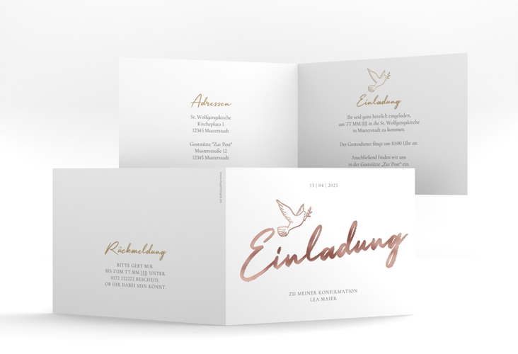Konfirmationseinladung Edeltaube A6 Klappkarte quer weiss rosegold