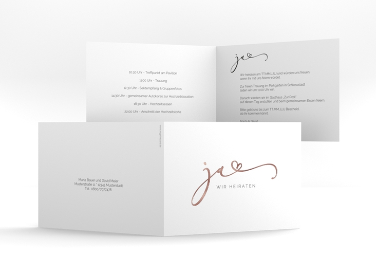 Hochzeitseinladung Jawort A6 Klappkarte quer weiss rosegold modern minimalistisch mit veredelter Aufschrift