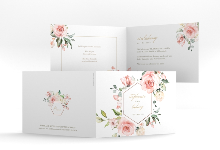 Einladung Hochzeit Graceful A6 Klappkarte quer weiss rosegold mit Rosenblüten in Rosa und Weiß