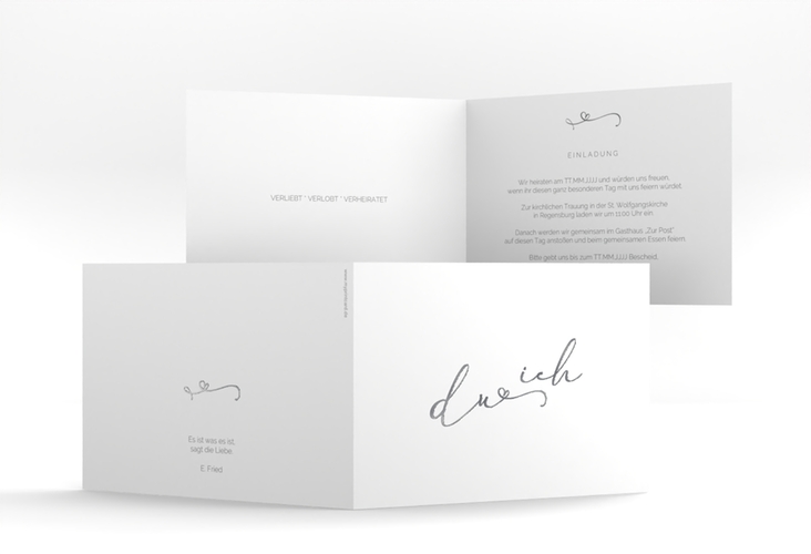 Hochzeitseinladung Zweisamkeit A6 Klappkarte quer weiss silber im minimalistischen Stil mit Aufschrift du & ich