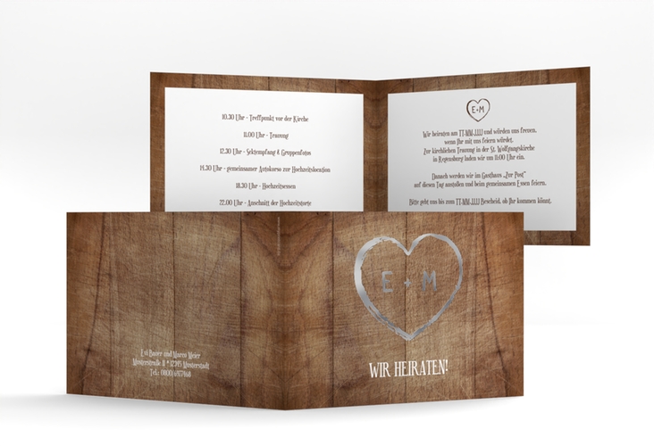 Hochzeitseinladung Wood A6 Klappkarte quer braun silber in rustikaler Holz-Optik mit Herz