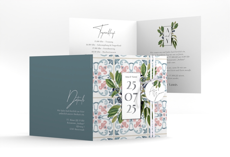 Hochzeitseinladung Mediterraner Flair quadr. Klappkarte silber mit Auzlejo-Fliesenmuster und Lorbeer