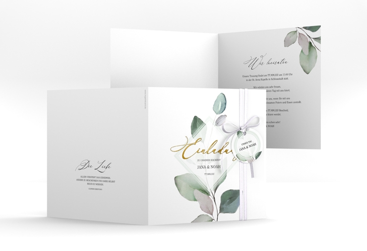 Hochzeitseinladung Foglia quadr. Klappkarte gold edel mit Eukalyptus im Aquarell-Design