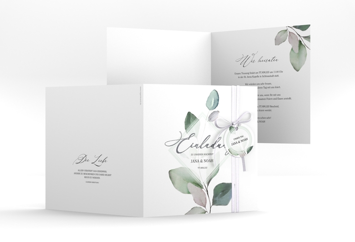 Hochzeitseinladung Foglia quadr. Klappkarte silber edel mit Eukalyptus im Aquarell-Design