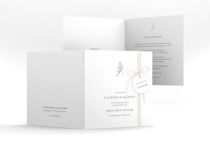 Hochzeitseinladung Ivy quadr. Klappkarte silber minimalistisch mit kleiner botanischer Illustration
