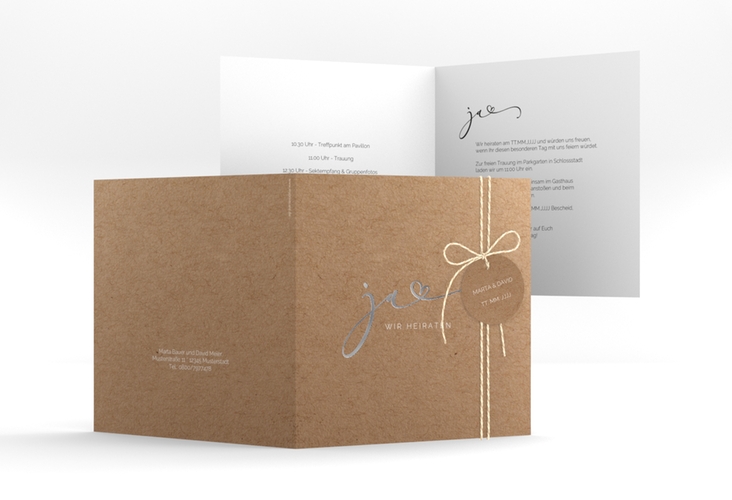 Hochzeitseinladung Jawort quadr. Klappkarte silber modern minimalistisch mit veredelter Aufschrift