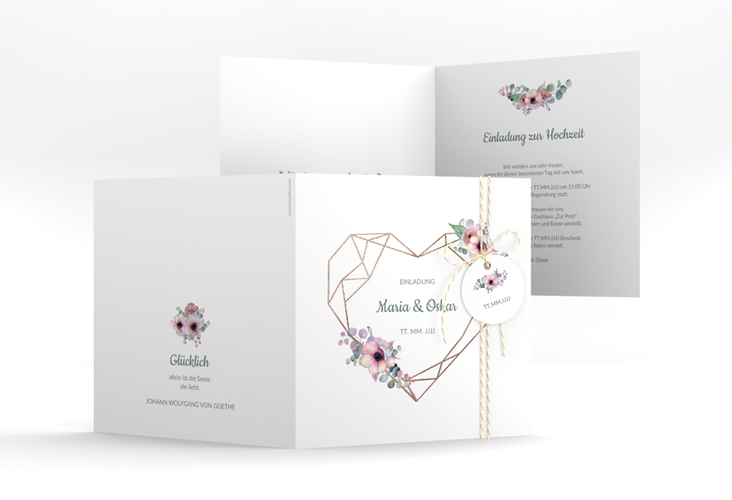 Hochzeitseinladung Herzgold quadr. Klappkarte rosegold
