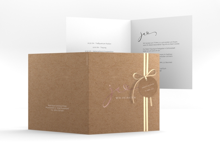 Hochzeitseinladung Jawort quadr. Klappkarte rosegold modern minimalistisch mit veredelter Aufschrift
