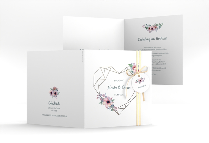 Hochzeitseinladung Herzgold quadr. Klappkarte silber