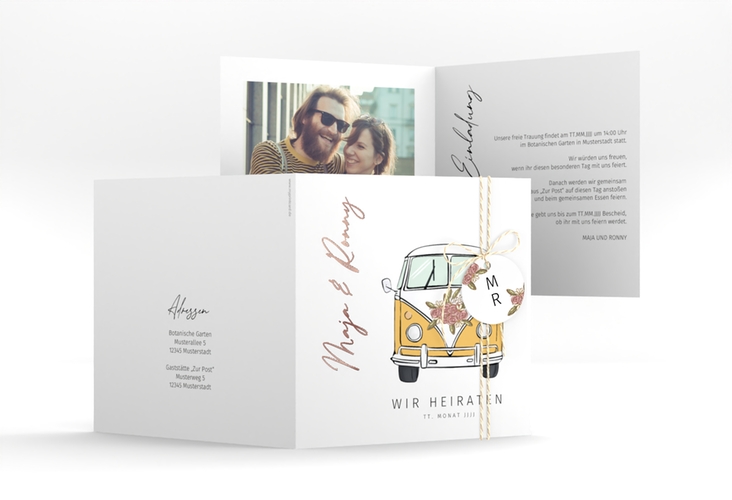 Hochzeitseinladung Hochzeitsbulli quadr. Klappkarte rosegold