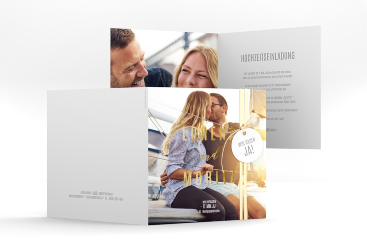 Hochzeitseinladung Memory quadr. Klappkarte gold