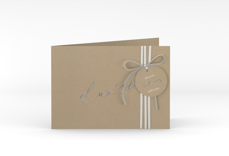 Hochzeitseinladung Zweisamkeit A6 Klappkarte quer Kraftpapier silber im minimalistischen Stil mit Aufschrift du & ich