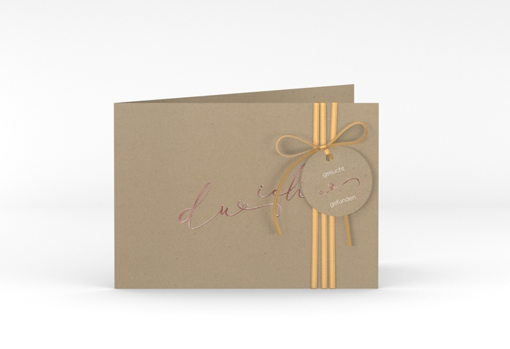 Hochzeitseinladung Zweisamkeit A6 Klappkarte quer Kraftpapier rosegold im minimalistischen Stil mit Aufschrift du & ich