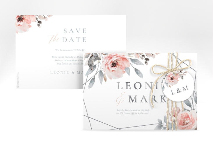 Save the Date-Karte Perfection A6 Karte quer weiss silber mit rosa Rosen