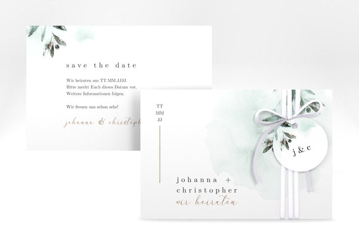 Save the Date-Karte Mediterran A6 Karte quer gruen gold mit Lorbeerzweig in Aquarell