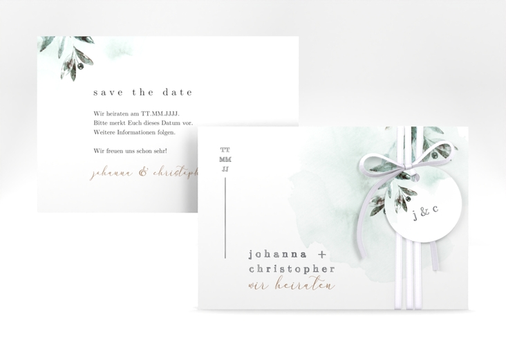 Save the Date-Karte Mediterran A6 Karte quer gruen silber mit Lorbeerzweig in Aquarell