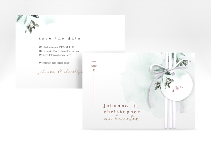 Save the Date-Karte Mediterran A6 Karte quer gruen rosegold mit Lorbeerzweig in Aquarell