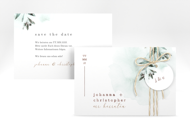 Save the Date-Karte Mediterran A6 Karte quer gruen rosegold mit Lorbeerzweig in Aquarell