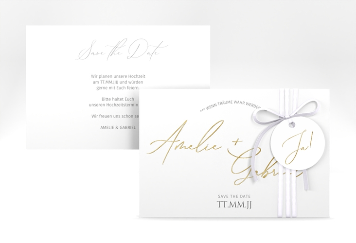 Save the Date-Karte Federschrift A6 Karte quer weiss gold in schlichtem Design mit Kalligrafie