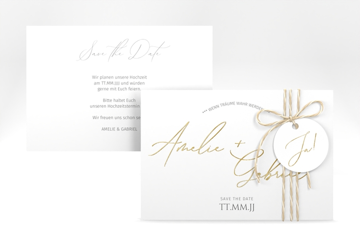 Save the Date-Karte Federschrift A6 Karte quer weiss gold in schlichtem Design mit Kalligrafie