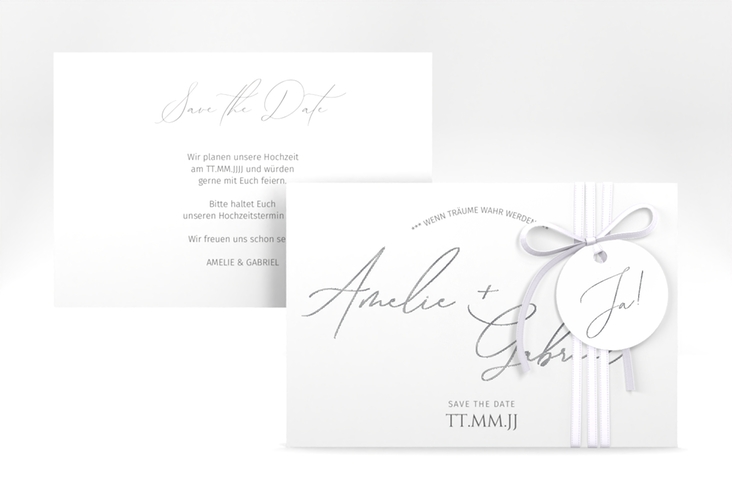 Save the Date-Karte Federschrift A6 Karte quer weiss silber in schlichtem Design mit Kalligrafie