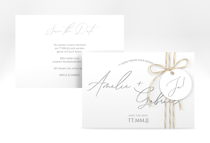 Save the Date-Karte Federschrift A6 Karte quer weiss silber in schlichtem Design mit Kalligrafie