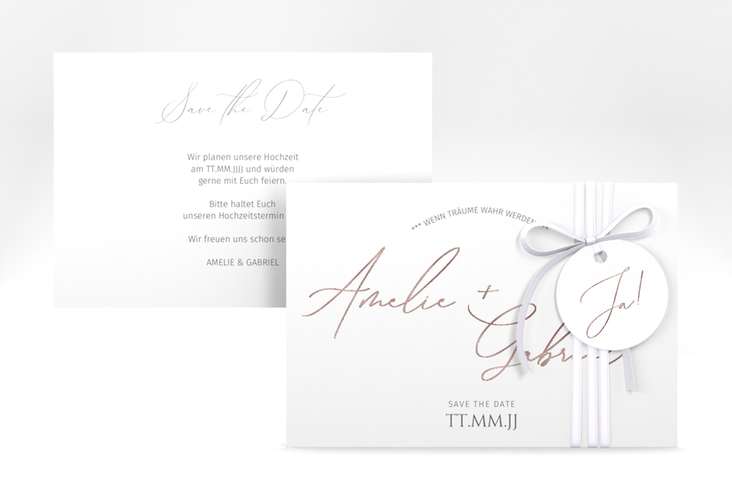 Save the Date-Karte Federschrift A6 Karte quer weiss rosegold in schlichtem Design mit Kalligrafie