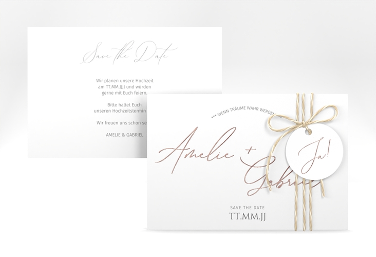 Save the Date-Karte Federschrift A6 Karte quer weiss rosegold in schlichtem Design mit Kalligrafie