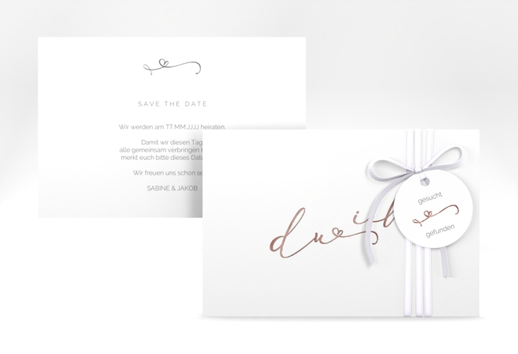 Save the Date-Karte Zweisamkeit A6 Karte quer weiss rosegold im minimalistischen Stil mit Aufschrift du & ich