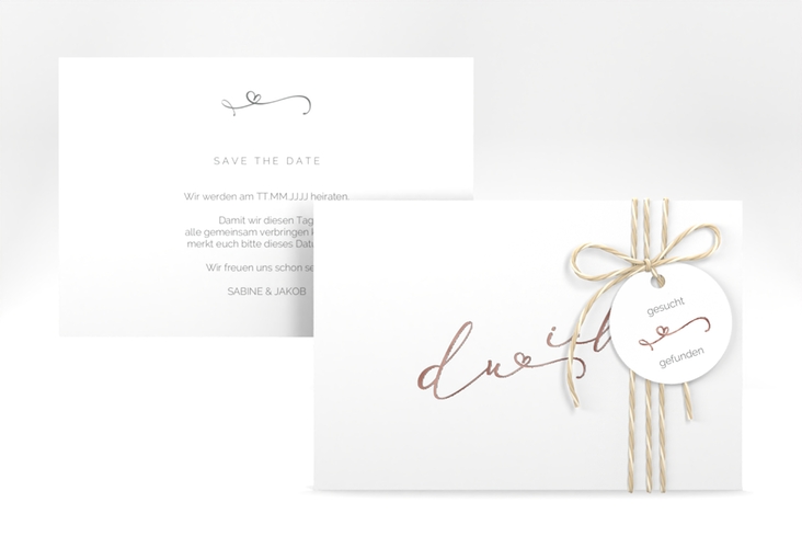 Save the Date-Karte Zweisamkeit A6 Karte quer weiss rosegold im minimalistischen Stil mit Aufschrift du & ich
